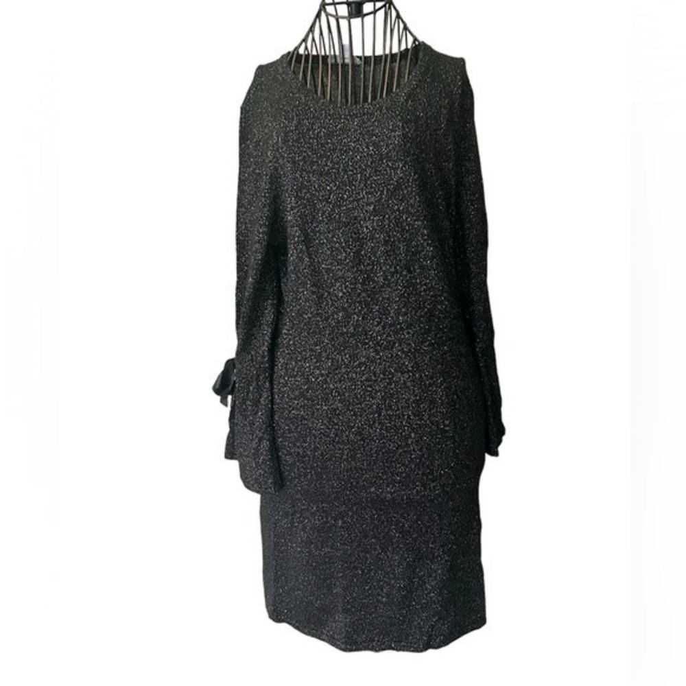 RSVP by Talbots black dress size medium w/ bell sleeves ribbon tie gold shimmer